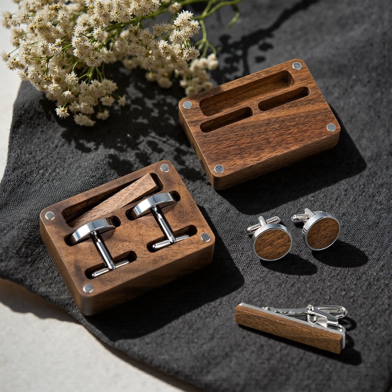 Wislist Walnut Cufflinks and Tie Clip Set with Wood Gift
