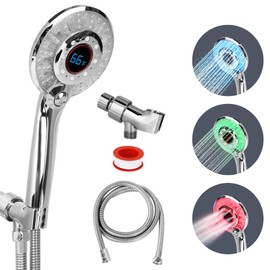 LED Shower head with Temperature Display, High Pressure Shower Head with 59" Stainless Steel Hose, Temperature Display Sensor Light up with 3 Color, Water Saving Showerhead with Shower Adapter