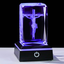 Movdyka 3D Jesus Cross Crystal Figurine with Colorful LED Light Base - Religious Night Light, Perfect Christian Gift for Women Men Christmas, Easter & Home Decor