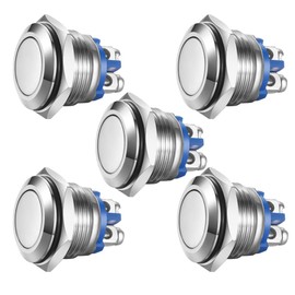 Gebildet 5pcs Momentary Push Button Screw Type terminals Stainless Steel Metal Waterproof Button 16mm 2A 12V/24V/125V/250V with 2 Screw Terminals Stainless Steel (Flat Head)