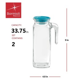 Bormioli Rocco Frigoverre Set Of 2 Glass Jugs With Teal Airtight Lid, 33.75 Oz., Pitcher With Hermetic Sealing, Easy Pour Spout Handle For Water, Juice & Iced Tea, Made In Italy.
