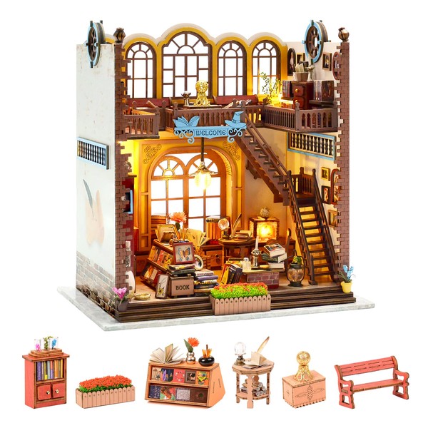 ZNCMRR DIY Miniature Dollhouse Wooden Set, 3D Puzzle Magic Book Store with LED, Mini Furniture Kit, Creative Birthday Christmas and Valentine's Day Gift for Adults Teens Boys and Girls (Magic Library)
