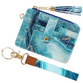 Simikol Slim Wallet RFID Credit Card Holder Small Cute Card Wallet for Women with Zipper Pocket and KeyChain Holder, Blue Marble