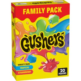 Gushers Fruit Flavored Snacks Family Pack, Tropical & Strawberry Flavors, Gluten Free Gummy Kids Snack, Bursting Juicy Center, Vitamin C Source, Individually Wrapped, Bulk Box, 20 Pouches, 16 oz Total