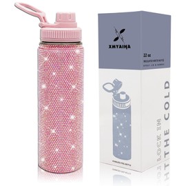 22oz Stainless Steel Bling Crystal Water Bottle Rhinestone Vacuum Insulated Bottle with Spout Lid Reusable Double-Wall Glitter Sport Bottle Gift for Women Girl (Light Pink)