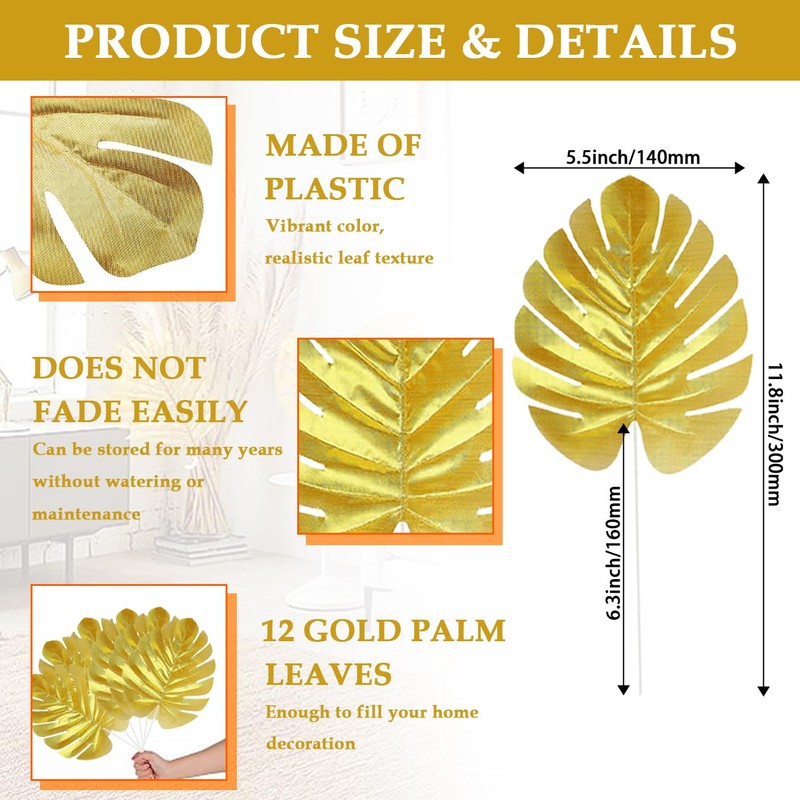 MARRTEUM 12 Pieces Artificial Palm Leaves, Golden Faux Tropical Monstera