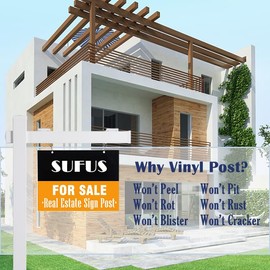 SUFUS Vinyl PVC Real Estate Sign Post 6' Tall (4"x 4"x 72"), Realtor Yard Sign Post with Flat Cap for Open House and Home for Sale, 47" Arm Holds Up to 36" Sign, White (No Sign)