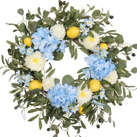 Quixem 22 Inch Lemon Wreath for Front Door, UV Resistant Blue Hydrangea Olive Branch Floral, Waterproof Spring Summer Wreath