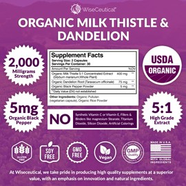 Max Absorption USDA Organic Milk Thistle Potent 5:1 Concentrated Extract (2000mg Strength) & Organic Dandelion Root | Silymarin Antioxidant Flavonoid | Liver Support Supplement (60 Count (Pack of 3))