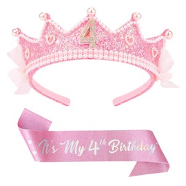 NUOGUAYI Geburtstagskrone, Geburtstagsgürtel Mädchen, Stirnband, Mädchen Krone Geburtstag, Geburtstag Schärpe und Tiara Stirnband, Geburtstag Partyzubehör, für Baby Kinder (1, 4 Jahre)