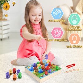 Ophy Montessori Counting Toys - Rainbow Counting Bees with Matching Bowl for 3+ Year Old Boy Girls 3 in 1 Sorting Toys for Toddlers Magnetic Fishing Game Wooden Educational Toy Birthday Gift