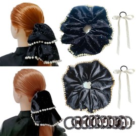 Premium Soft Silk-Like Fabric Scrunchies XXL Oversize Gentle Retro Black Large Hair Elastic Band for Women Girls 14 PCS - 2 PCS 8.7 Inch Jumbo Scrunchy, 2 PCS Hair Ribbons, 10 PCS Elastic Hair Ties