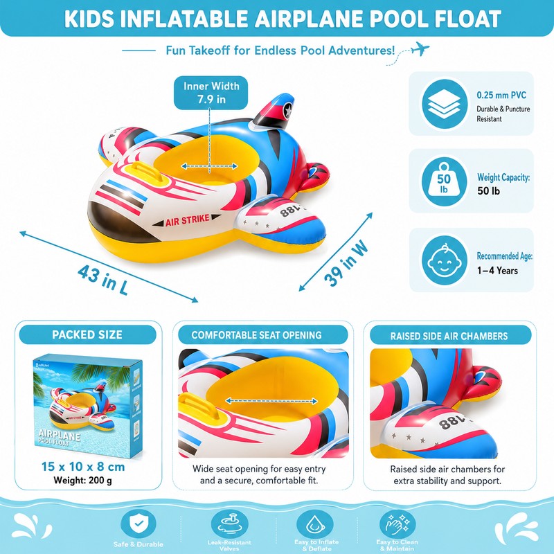 Kids Inflatable Airplane Pool Float for Summer Water Fun –
