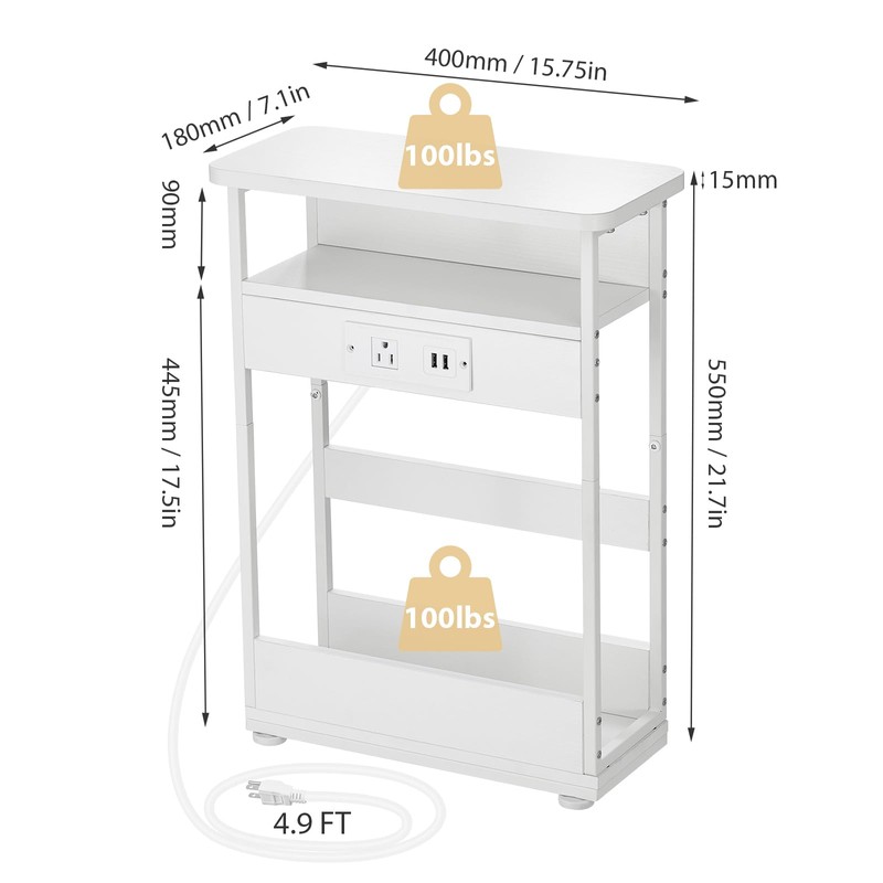 YEAKOO Narrow Side Table with Charging Station, 3-Tier End Table