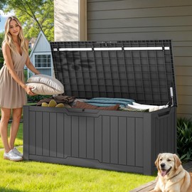 GOOBED 120-Gallon Resin Outdoor Storage Box, Waterproof Deck Box for Garden Tools, Pool Supplies, and Sports Gear, Lockable Lid, Multi-Purpose Bench or Table, Easy Assembly (Dark Gray)