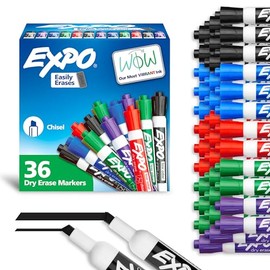 EXPO Marcadores de borrado en seco de bajo olor, punta de cincel, colores surtidos, paquete de 36 – ideales para aulas, oficinas y oficinas en casa