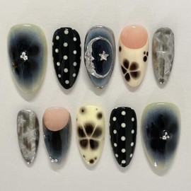 ONPRESS 24Pcs Gothic Press on Nails Medium Almond Fake Nails Black Flower Ombre Full Cover False Nails Silver Star Moon Acrylic Stick on Nails White Dots French Tip Glue on Nail for Women