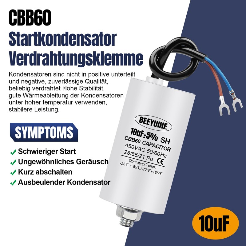BEEYUIHF CBB60 Motor Capacitor 10µF 450V Capacitor 50/60Hz Starting Capacitor