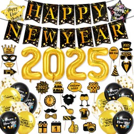 Happy New Year Party Supplies 2025-1pcs Gold Glitter Happy New Year Banner, 2025 Gold Foil Balloons, 18pcs New Year Latex Balloons, 25pcs New Year Eve Photo Booth Props for NYE Party Favors
