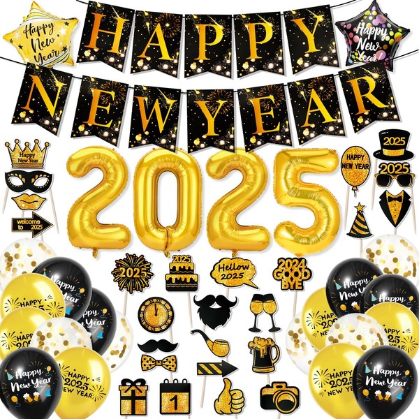 Happy New Year Party Supplies 2025-1pcs Gold Glitter Happy New
