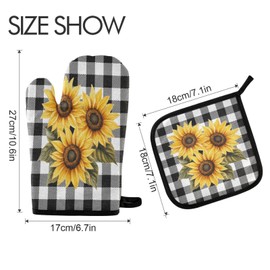 Sunflower Black White Buffalo Plaid Oven Mitts and Pot Holders Yellow Floral Lumberjack Check Cooking Gloves Kitchen Trivet Mats 2-Piece Set Non-Slip Heat Resistant Pad for Baking BBQ Home Decor