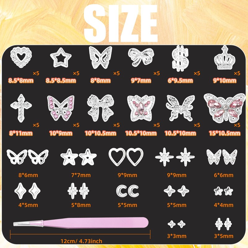 3D Silver Butterfly Bow Nails Charm Gems Y2K, Pink Butterfly
