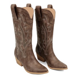 Zzheels Women Mid-calf Cowboy Boots Pointy Toe Boots Embroidered Western Cowgirl Boots Chunky Heels Brown Matte US8.5
