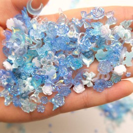 100Pcs Blue White Nail Charms Colorful Flower Nail Rhinestone Diamonds Mixed Shapes Nail Resin Supplies 3D Bear Bow Butterfly Starfish Nail Art Charm Rabbit Floral Nail Art Rhinestones for Nails DIY