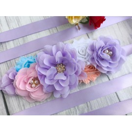 Oyabridal Flower Maternity Sashes for Baby Shower Pregnancy Sash Belt Baby Shower Sash Belt for Women, Lavender, 92‘’WX1'' L