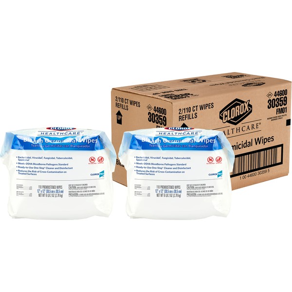 Clorox Healthcare Bleach Germicidal Wipes Refill, 110 Count Pouch, Pack of 2 (Package May Vary)