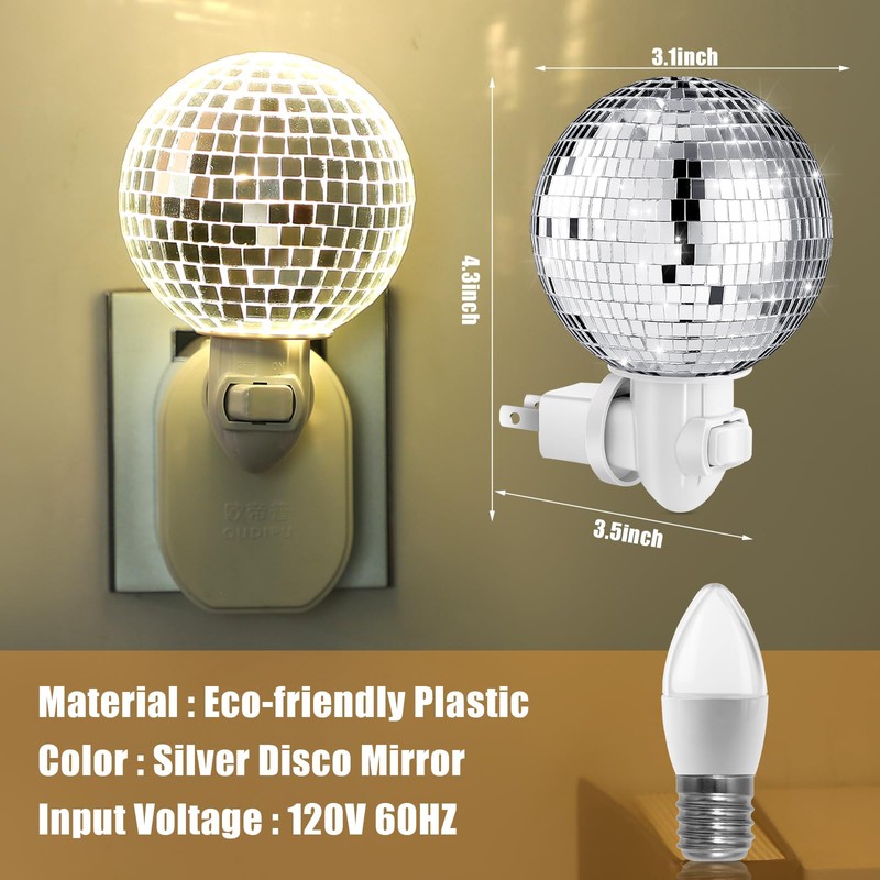 Disco Ball Night Light Plug into Wall, Silver Mirror Night
