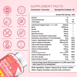 Collagen Gummies for Women Men, Women Over 50, Collagen Peptides Protein Type I,II,III,V,X with Biotin Keratin Vitamin C A D E B12 K2 for Skin Hair Nails Immunity Energy 60 Strawberry Flavored Gummies