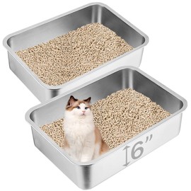 2 Pack Stainless Steel Cat Litter Box, 23.6"×15.7"×6" Metal Litter Pan, Extra Large Cat Litter Box for Multiple Cats, Easy Cleaning