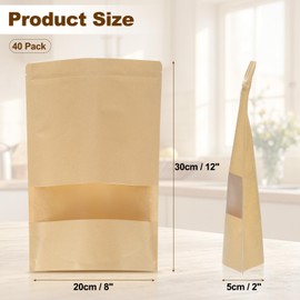 PATIKIL Stand Up Pouch Bags, 40 Pack 12 x 8 Inch Resealable Kraft Paper Bags Pouches with Clear Window and Zip for Food Storage Packaging Small Business Home, Brown