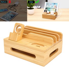 Bamboo Charging Station for Multiple Devices Charging Station Stand Rack Bamboo Charging Station Organiser for Phone Tablet Watch