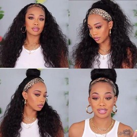 Enivuoso Short Curly Headband Wigs for Black Women Natural Black Headband Loose Wavy Synthetic Wig Wear and Go Glueless half Wig with Headbands Attached (Natural Black, 14 Inch)