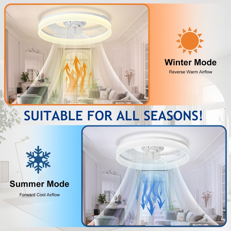 DLLT Modern Ceiling Fans with Lights: 20" Flush Mount Low