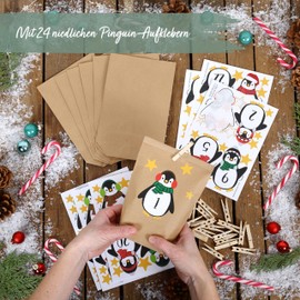 Papierdrachen DIY Adventskalender Kraftpapier Set - Pinguine zum Aufkleben - mit 24 braunen Papiertüten zum selbst Befüllen und zum Selbermachen - Weihnachten