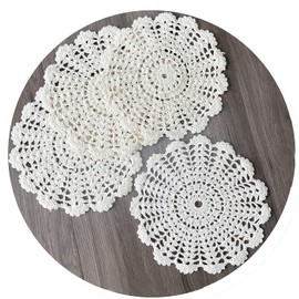 4 PCS Beige 7 Inch Round 100% HANDMADE Crochet Lace Coaster Placemats Doilies (Beige, 7")