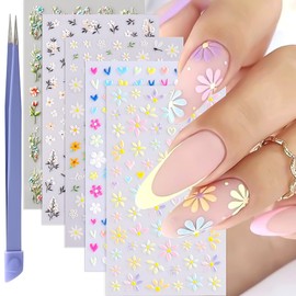 5 Sheets Flower Nail Stickers, 5D Embossed Nail Decals Summer Self Adhesive Colorful Floral Daisy Heart Nails Supplies Flower Nail Art Design Manicure Accessories for Women Girls Nail Decoration