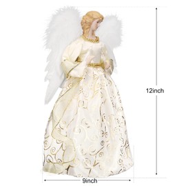 HOHOTIME 12'' Angel Tree Topper with White Feather Wings and Gold Skirt, Christmas Tree Topper with LED Light for Tree Toppers Holiday Ornament Decorations, Gold