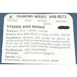 Pfanstiehl PHONOGRAPH RECORD PLAYER NEEDLE 648-DS73 for RCA 117331 RCA 118198 RCA RMP-204-9