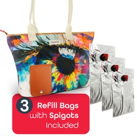 CORK & VINE Wine Beach Bag with Beverage Compartment, Eye Oil Painting Wine Purse | Insulated Canvas Tote w. 3 Dispenser Spouts and 3 1.5 Liter Beverage Bladders, For Beach, Pool, Games