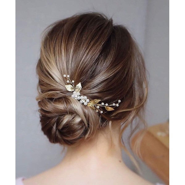 Unicra 3 Pcs Wedding Flower Crystal Leaf Pearl Hair Pins Headpiece for Women Girls Gold