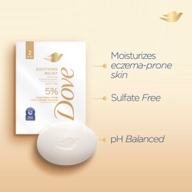 Dove Fragrance Free Beauty Bar Soothing Relief 5 Bars Moisturizes eczema-prone skin 5% nourishing serum with colloidal oatmeal 7.5 oz