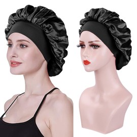 2 Pieces Satin Hair Cap for Women Satin Hat with Soft Elastic Band (Black+Purple)