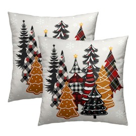Christmas Throw Pillow Covers 18x18 Set of 2, Vintage Buffalo Plaid Xmas Pine Trees Gingerbread Decorative Pillowcases Square Cushion Cover for Living Room Bedroom Couch Sofa Decor