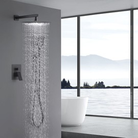 Matte Black Shower System with High Pressure 10 Inches Brass Rain Shower Head with Handheld,Rainfall Shower System,Shower Faucets Sets Complete Rough-in Valve Body and Trim Wall Mounted