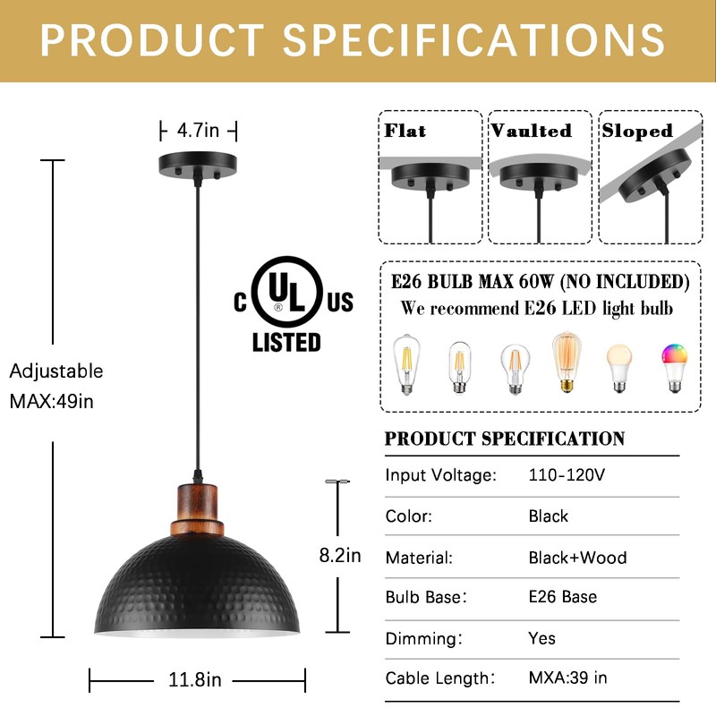 Mgcanyu Black and Wood Pendant Lights 2 Pack, 11.8" Hammered