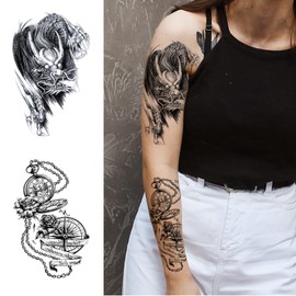 Realistic Dragon Tattoo Temporary For Men Adults, Large Black Color Dragon Tribal Fake Tattoo Women Half Sleeve, 3D Big Temp Tatoo Sticker Arm Chest Shoulder Teen Kid Boy Body Art Makeup, 8-Sheet